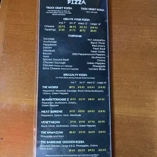 Pizza menu