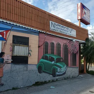 a woman painting a mural on the side of a building