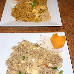 Half and half pad Thai, with chicken level four(in the back) &amp; basil fried rice with chicken level three( in the front)!