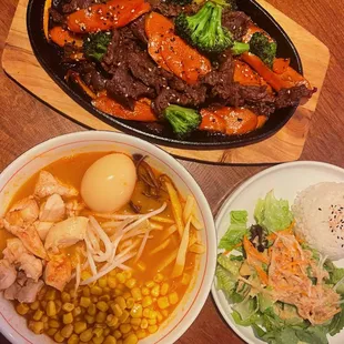 Beef Bulgogi (top), Spicy Miso Ramen with Chicken (bottom left), Rice and Salad (bottom right)