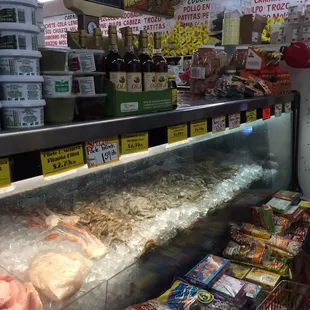 Seafood and meat section.
