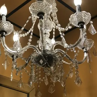 Chandeliers in ladies room