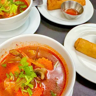 Lemongrass soup and spring rolls