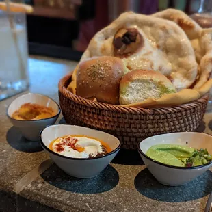 Another shot of the bread, this time with dips.  Playful take on peas and carrots, with some perfectly executed labne as well.