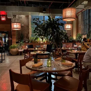 a dining area with a table, chairs, and a potted plant