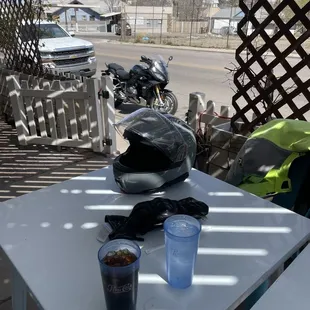 Outdoor seating with great view of your motorcycle.