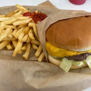 Cheeseburger and fries , very good, the fries are crispy!