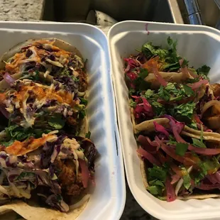 Fried chicken tacos (left) and carnitas tacos (right)!