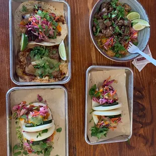 Tacos, pork. Buns, rice bowl