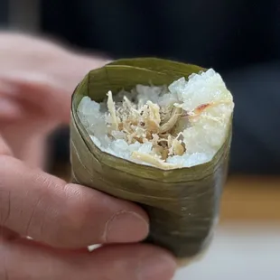 Mochi chicken roll: shredded chicken with coconut rice