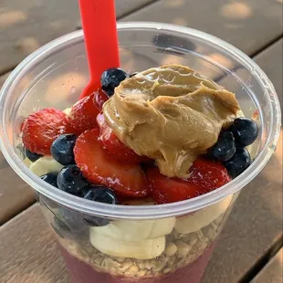 a smoothie with fruit and peanut butter