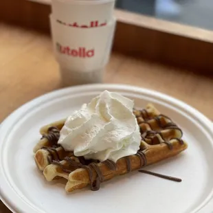 Nutella Waffle with Hazelnut &amp; Whipped Cream + Nutella Latte with Almond Milk.