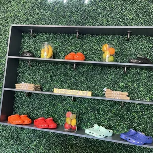 Merchandise wall, Custom Crocs, Double Layer Embroidered Heavyweight T Shirt.