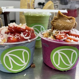 Island Blue Bowl, Pitaya Bowl w/ Peanut Butter, Nutri Greens
