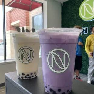 Lychee Milk Tea and Taro Milk Tea w/ Tapioca Pearls