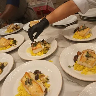 Pan Seared Sea Bass with Turmeric Orzo, Roasted Potatoes, Broccoli &amp; Cauliflower,Lemon Buerre Blanc