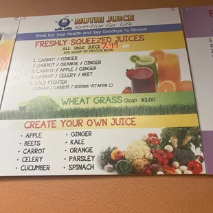 a menu for a smoothie