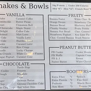 Shakes and bowl menu