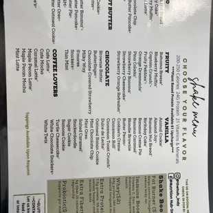 Protein shake menu