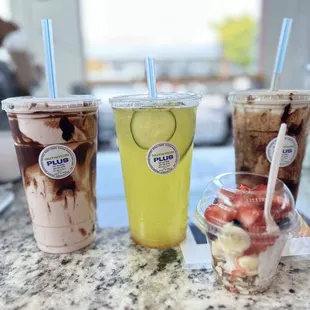 three drinks on a counter