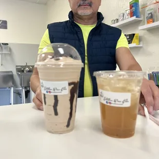 Jose and his masterpieces - yum! Chocolate banana split protein shake and a peach tea!