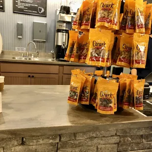 a stack of bags of nuts