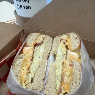 Egg and cheese bagel - plain bagel, add bacon, with pimento cheese