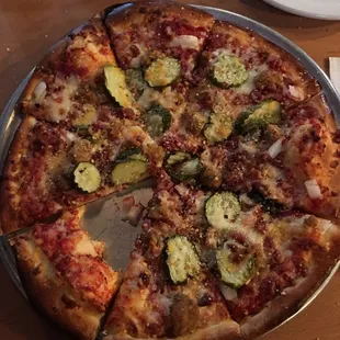 The Tackett, think cheeseburger in pizza form.