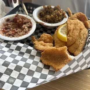 Catfish &amp; Shrimp Platterwith Red Beans &amp; Rice, Dirty Rice