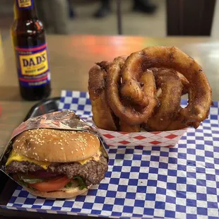 Burger and onion rings.