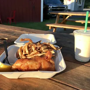 1/4 pound fish and chips + Banana milkshake