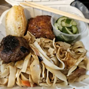 Lunch@Nu&apos;uanu Okazuya; 1/15/2025.My Okazuya Grindz, that I&apos;ll usually Order.Chowfun, Teri Hamburger,Namasu,Shoyu Chicken,Cone Sushi. Oishii!