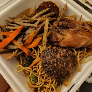 Gobo, hash, shoyu chicken, teri burger, chow mein