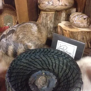 Local rock art and baskets for sale.