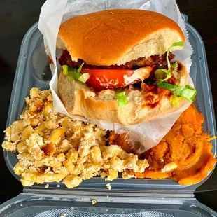 Black bean burger with sweet potato and Mac &amp; cheese