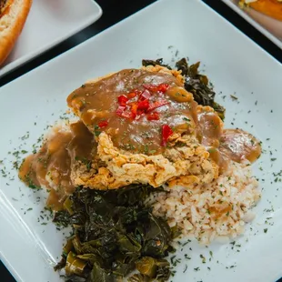 Country friend steak with greens and brown rice