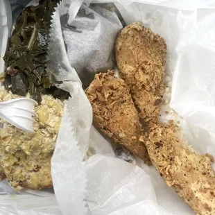 Lemon pepper drummers, collard greens, Mac and cheese