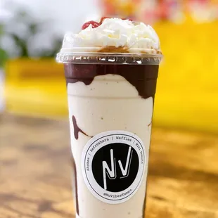 Drizzly Monkey- Banana Caramel Protein Shake with sugar-free chocolate syrup decoration