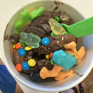 My son really went all out on the tasty toppings.
