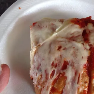 a hand holding a piece of pizza