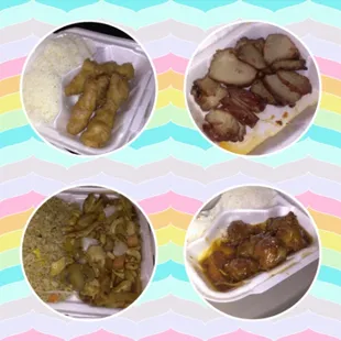 Top left clockwise: Sweet &amp; sour chicken, BBQ pork, Kung Pao chicken, orange chicken