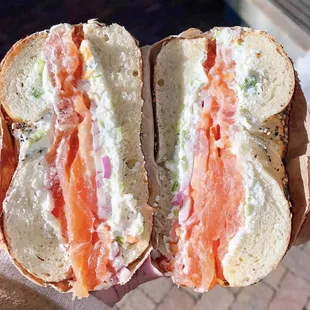 Bagel with Lox, Cream Cheese, Onion and Tomato