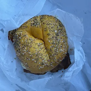 Everything egg bagel with egg and bacon