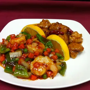 DRAGON &amp; PHOENIX  is Spicy food. Half General Tso&apos;s chicken and hot &amp; spicy shrimp.