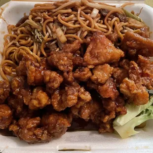 chicken and noodles in a styrofoam container