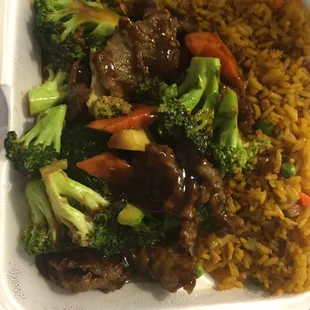 Beef and broccoli with fried rice
