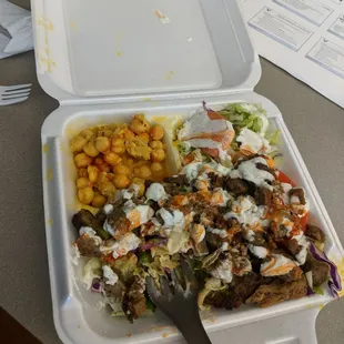 Lamb on salad with chickpeas. You should try it, it's awesome