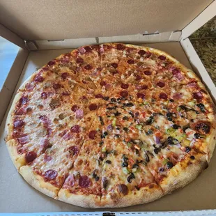 Giant 28&quot; meat lovers and 4 slices of veggie pizza $40.90  (tax included):  cheesy goodness, 8/10.