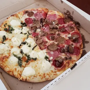 Half white and half meat lover pizza