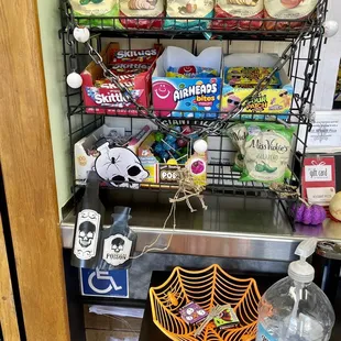 Inside: fun Halloween decor even beside the snacks section of the shop